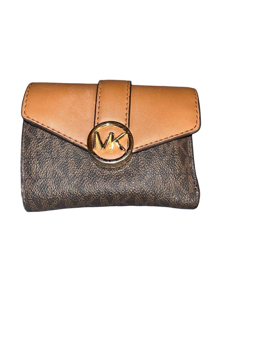 Michael Kors Carmen Medium Flap Bifold Wallet in Brown Signature Logo and Acorn